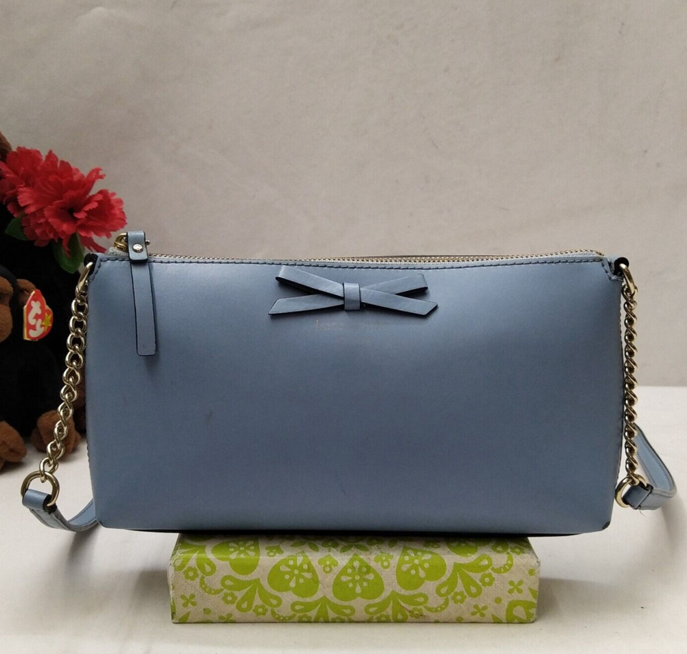Kate Spade New York Blue Leather Bow Zipper Closure Chain Strap Crossbody Bag